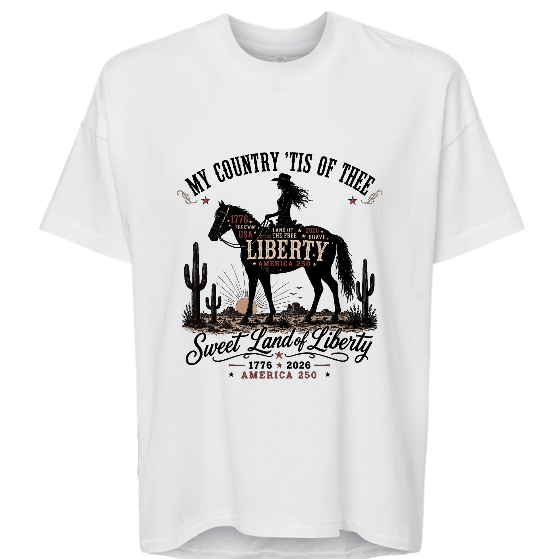 Women's white patriotic hi-lo tee with vintage Lady Liberty cowgirl graphic, relaxed fit drop shoulder Western style shirt for America's 250th anniversary
