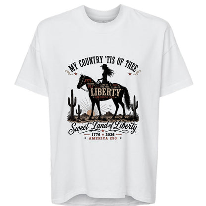 Women's white patriotic hi-lo tee with vintage Lady Liberty cowgirl graphic, relaxed fit drop shoulder Western style shirt for America's 250th anniversary
