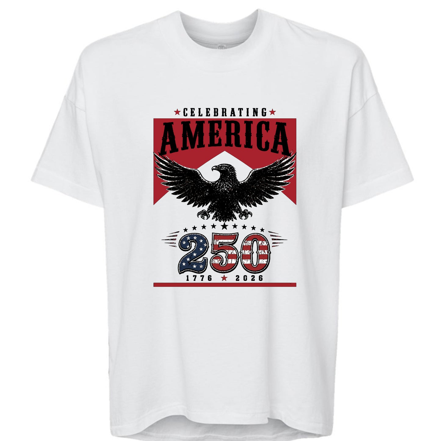 Women's white patriotic crew neck tee with vintage red banner bold bald eagle and America 250 graphic in red white and blue marking 1776 to 2026 anniversary