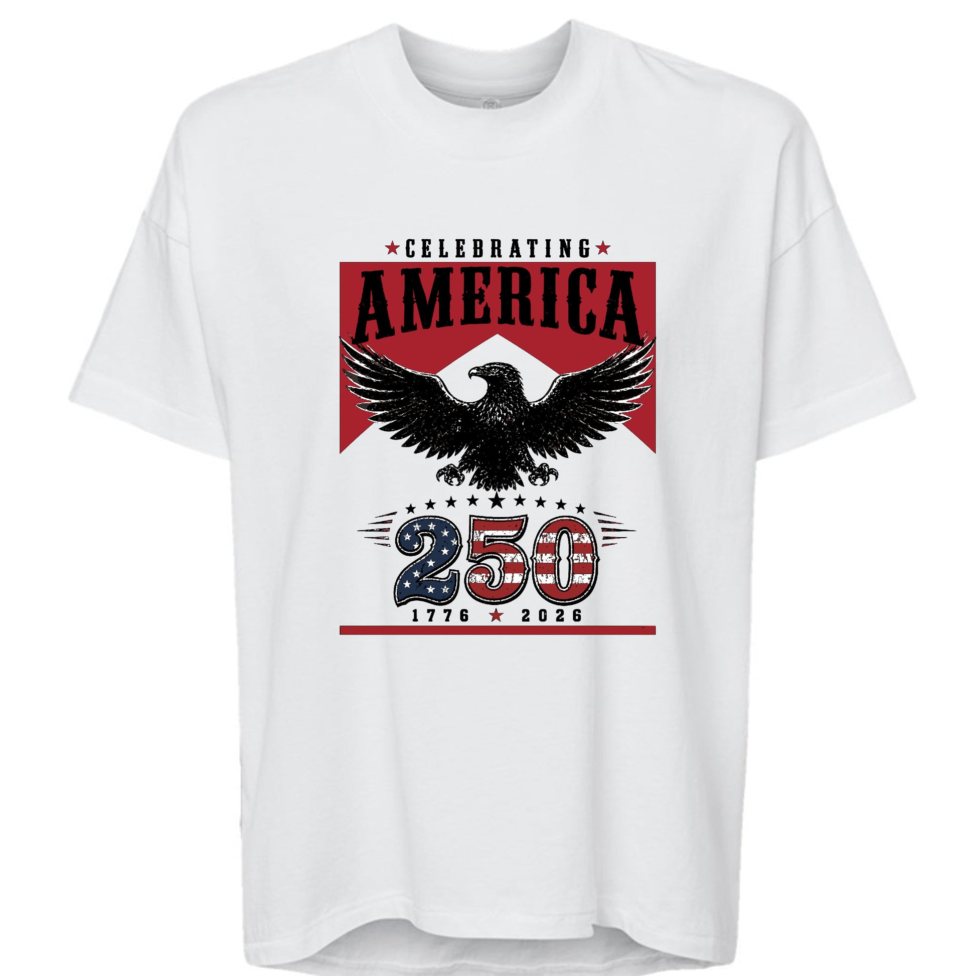 Women's white patriotic crew neck tee with vintage red banner bold bald eagle and America 250 graphic in red white and blue marking 1776 to 2026 anniversary