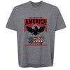 Women's heather grey patriotic crew neck tee with vintage red banner bold bald eagle and America 250 graphic in red white and blue marking 1776 to 2026 anniversary