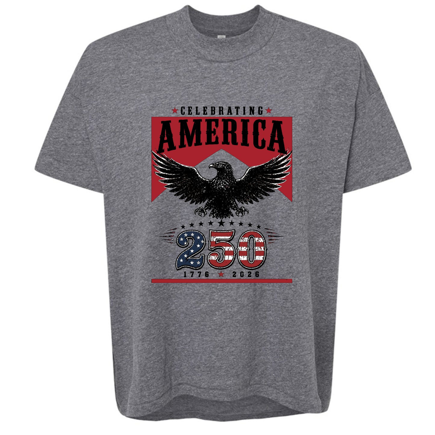 Women's heather grey patriotic crew neck tee with vintage red banner bold bald eagle and America 250 graphic in red white and blue marking 1776 to 2026 anniversary
