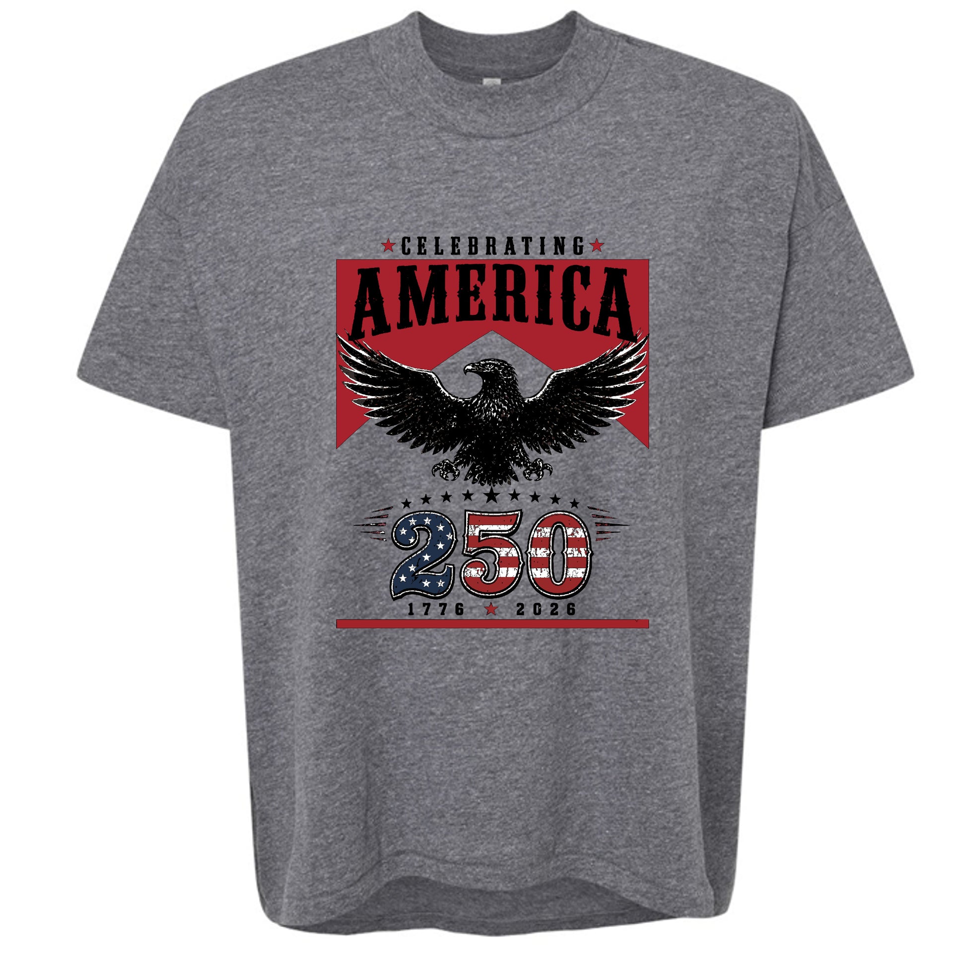 Women's heather grey patriotic crew neck tee with vintage red banner bold bald eagle and America 250 graphic in red white and blue marking 1776 to 2026 anniversary