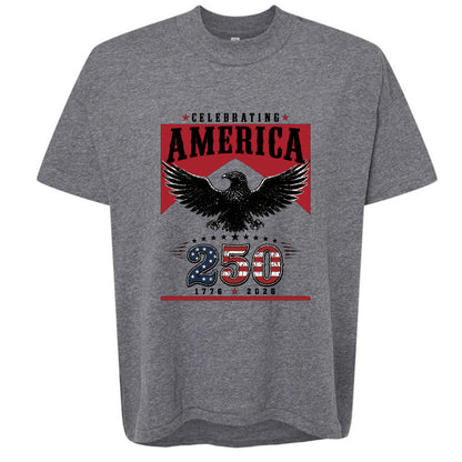 Women's heather grey patriotic crew neck tee with vintage red banner bold bald eagle and America 250 graphic in red white and blue marking 1776 to 2026 anniversary