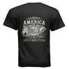 
Black t-shirt with Western Americana graphic — sheriff's star badge, "Celebrate America 1776–2026," and "Liberty • Unity • Freedom" in distressed silver lettering.