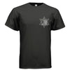 
Black t-shirt with Western Americana graphic — sheriff's star badge, "Celebrate America 1776–2026," and "Liberty • Unity • Freedom" in distressed silver lettering.