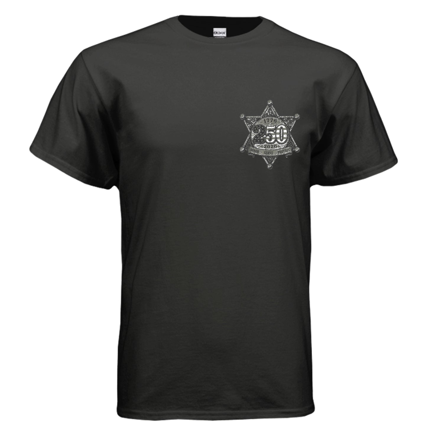 
Black t-shirt with Western Americana graphic — sheriff's star badge, "Celebrate America 1776–2026," and "Liberty • Unity • Freedom" in distressed silver lettering.