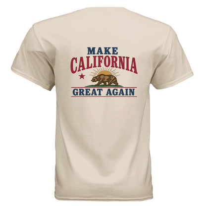 Make California Great Again tee sand colorway back view California bear sunburst graphic Gildan G800 DryBlend 50/50