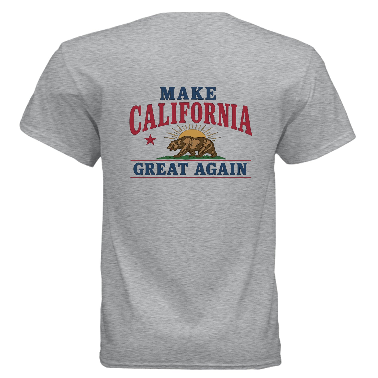 Make California Great Again tee grey colorway back view California bear sunburst graphic Gildan G800 DryBlend 50/50