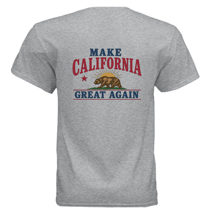 Make California Great Again tee grey colorway back view California bear sunburst graphic Gildan G800 DryBlend 50/50
