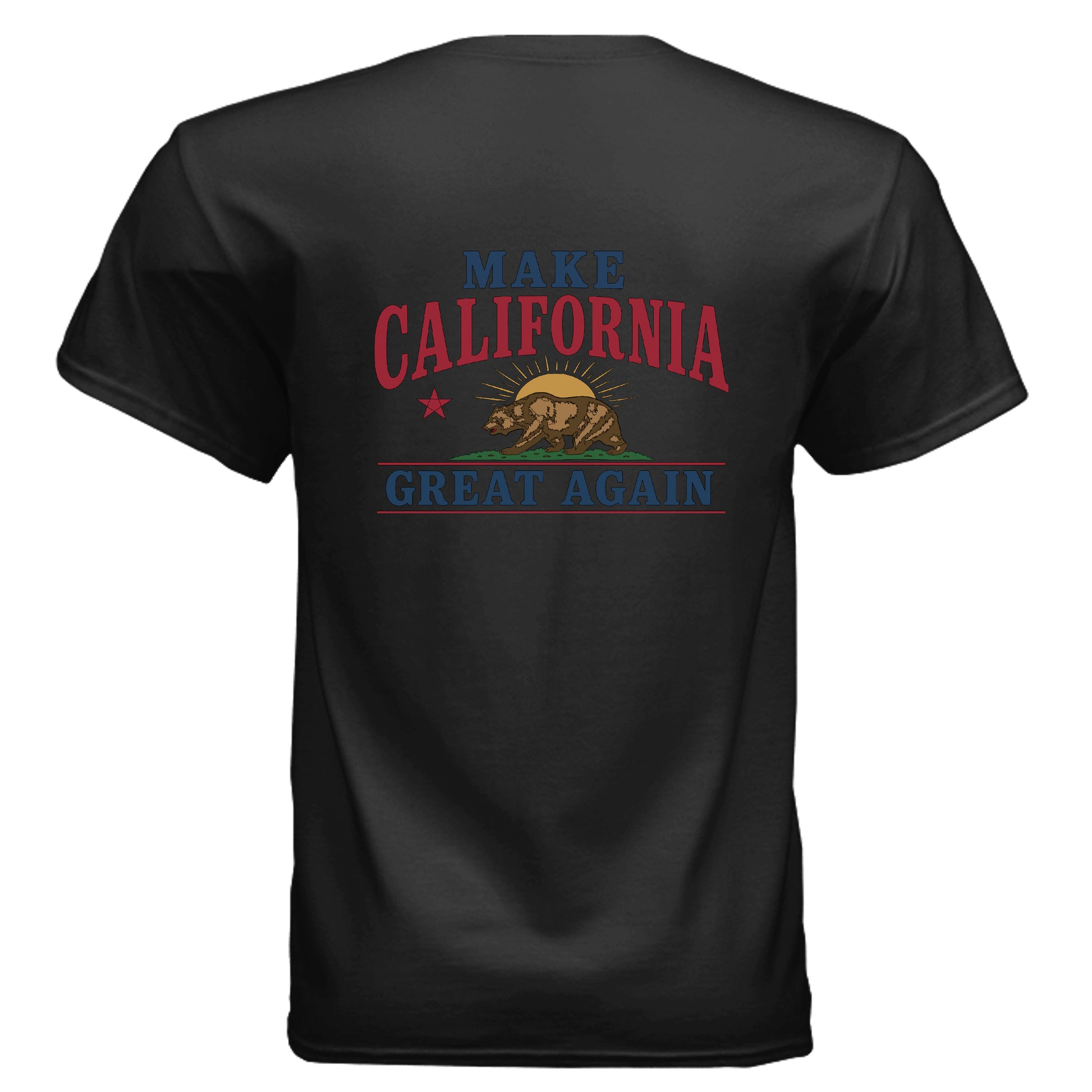 Make California Great Again tee blackcolorway back view California bear sunburst graphic Gildan G800 DryBlend 50/50