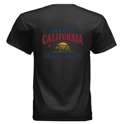 Make California Great Again tee blackcolorway back view California bear sunburst graphic Gildan G800 DryBlend 50/50