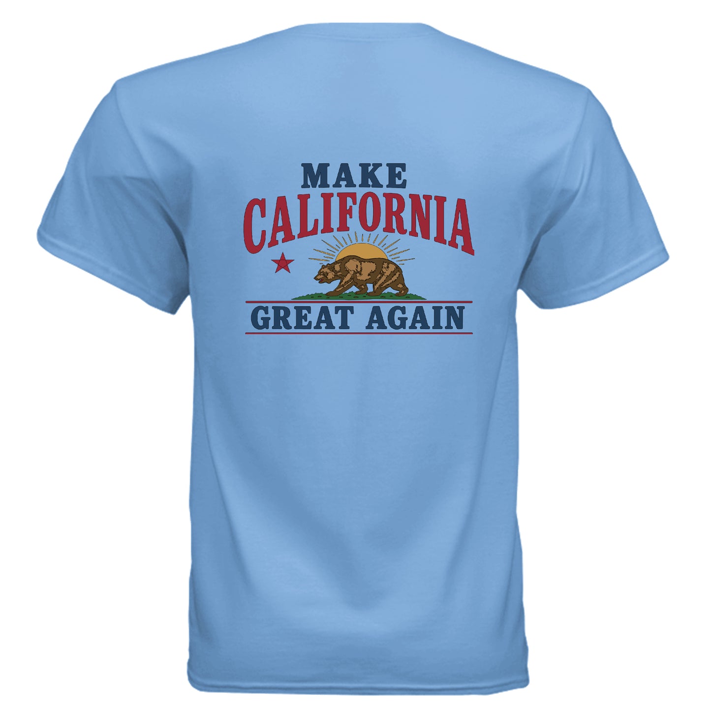 Make California Great Again tee blue colorway back  view California bear sunburst graphic Gildan G800 DryBlend 50/50