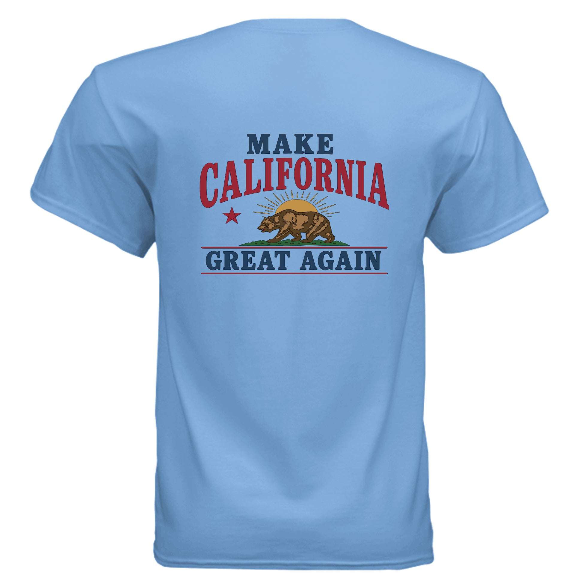 Make California Great Again tee blue colorway back  view California bear sunburst graphic Gildan G800 DryBlend 50/50