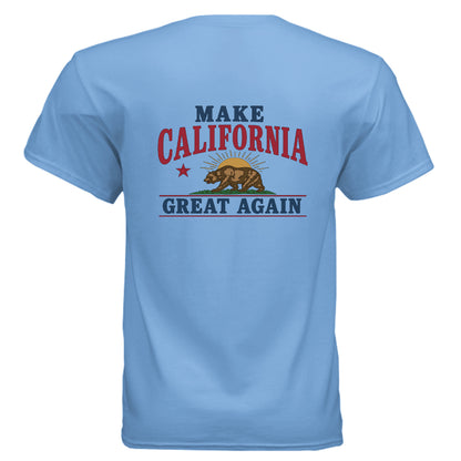 Make California Great Again tee blue colorway back  view California bear sunburst graphic Gildan G800 DryBlend 50/50
