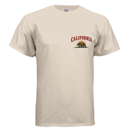 Make California Great Again tee sand colorway front view California bear sunburst graphic Gildan G800 DryBlend 50/50