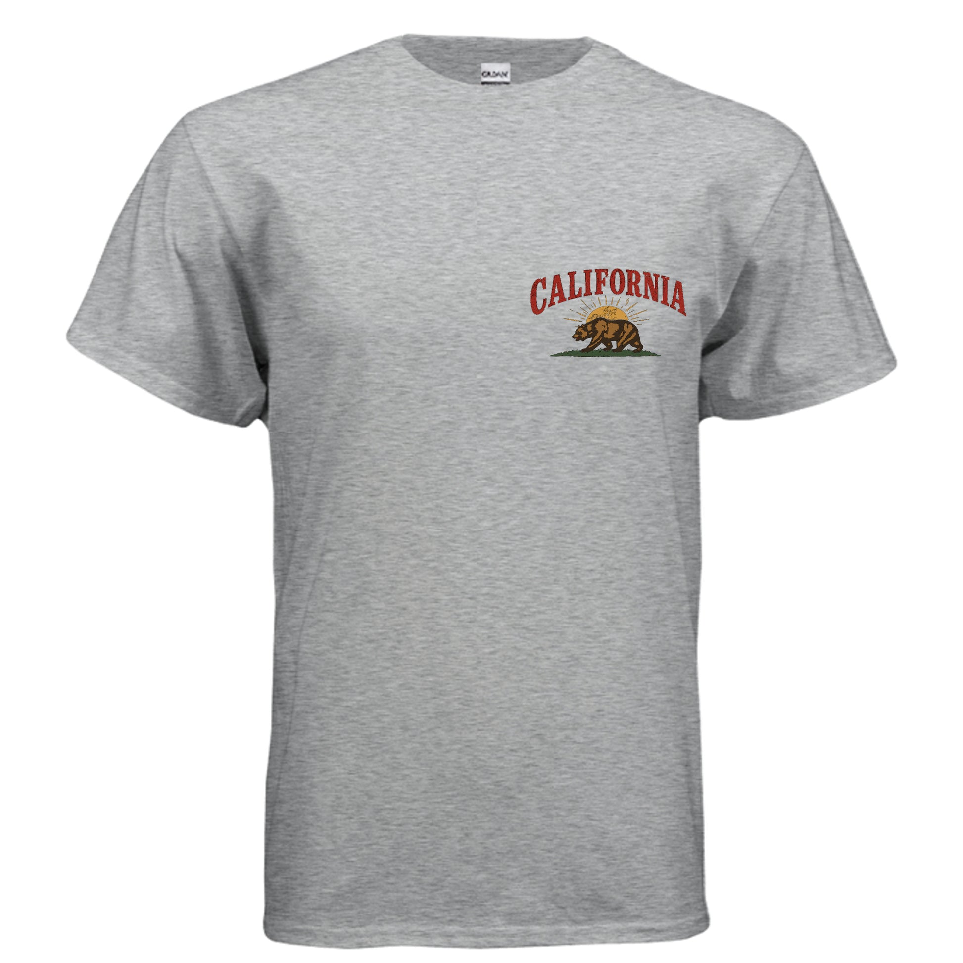 Make California Great Again tee grey colorway front view California bear sunburst graphic Gildan G800 DryBlend 50/50