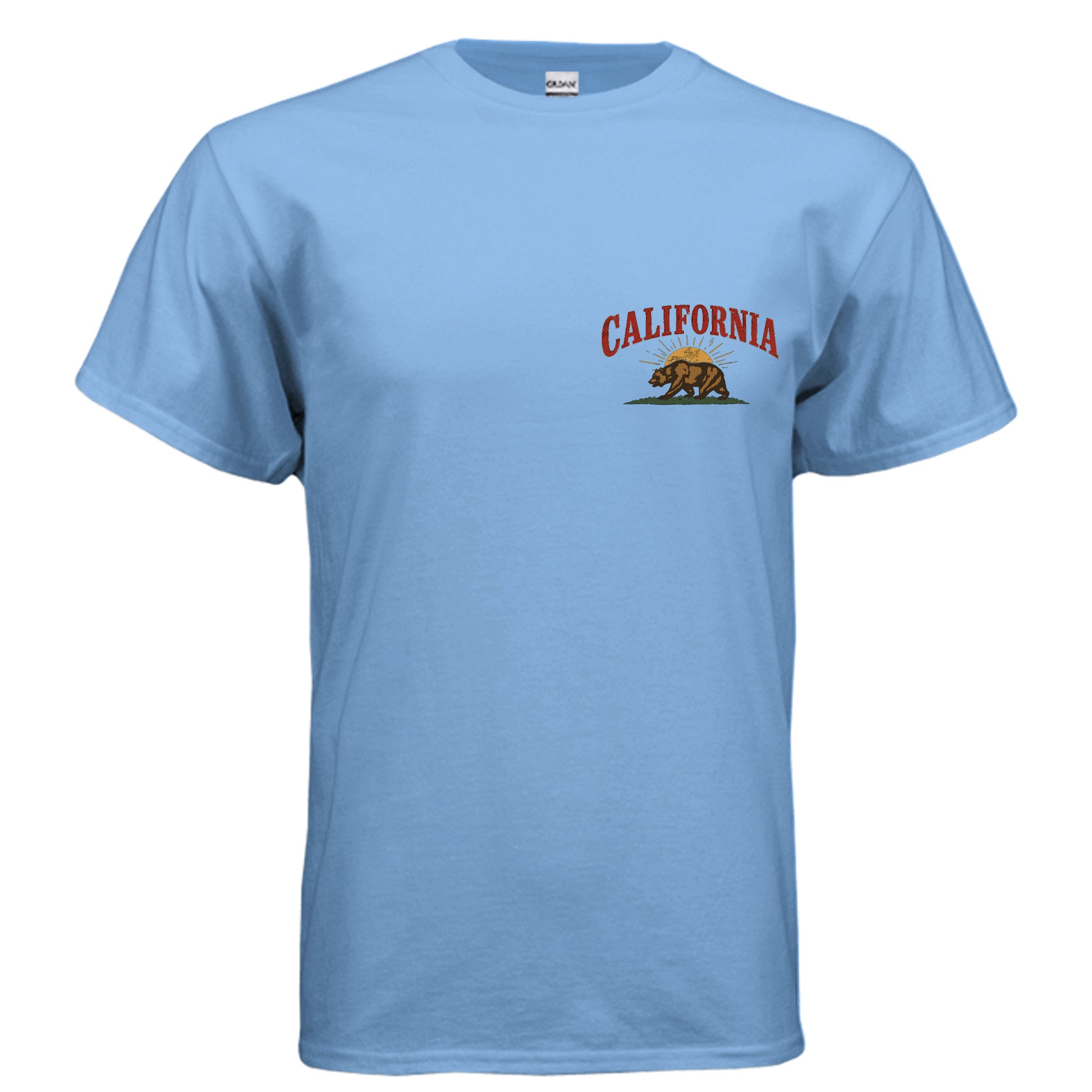 Make California Great Again tee blue colorway front view California bear sunburst graphic Gildan G800 DryBlend 50/50