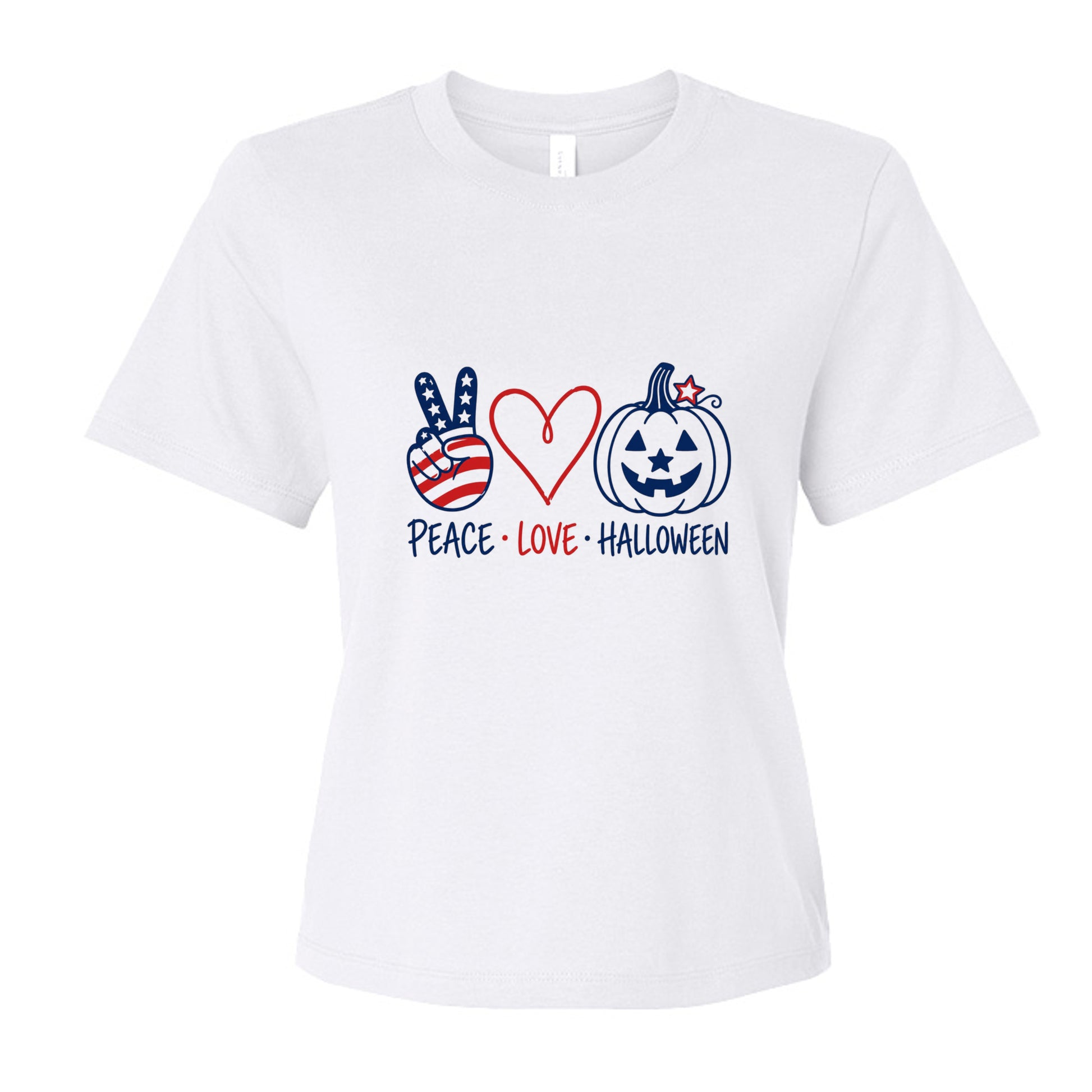 Peace Love Halloween patriotic t-shirt with American flag peace sign and star-spangled pumpkin desig