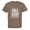  Fall for Jesus He Never Leaves shirt, brown vintage tee with patriotic christian typography