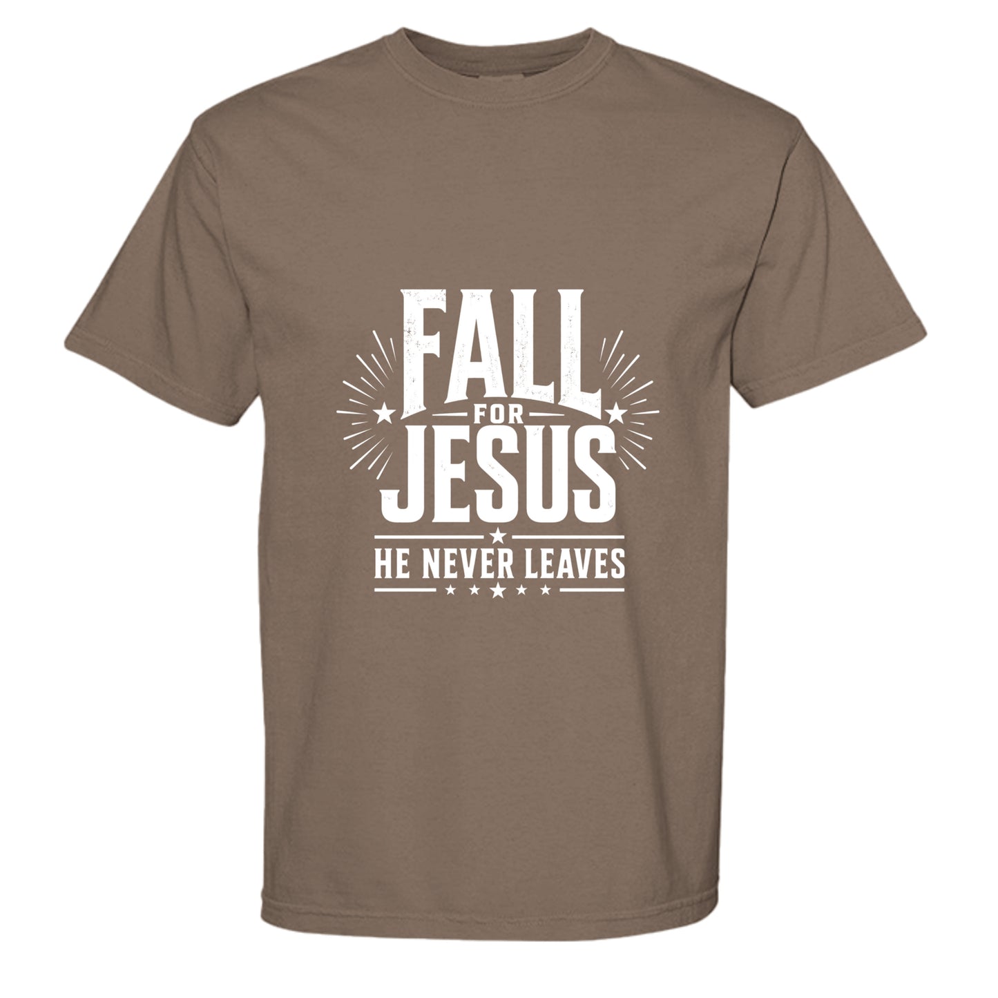  Fall for Jesus He Never Leaves shirt, brown vintage tee with patriotic christian typography
