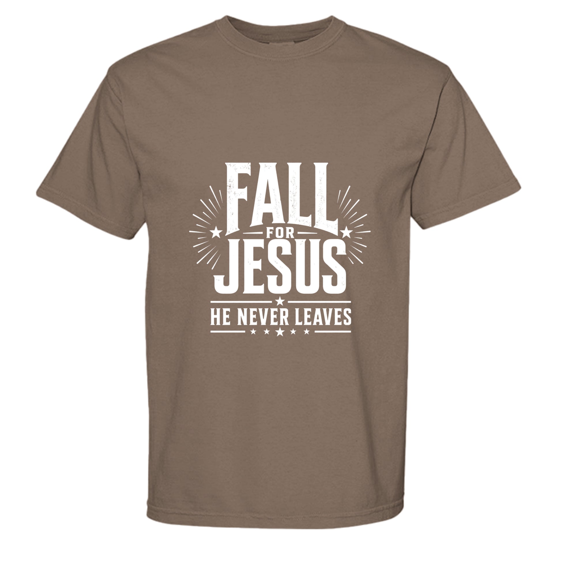  Fall for Jesus He Never Leaves shirt, brown vintage tee with patriotic christian typography
