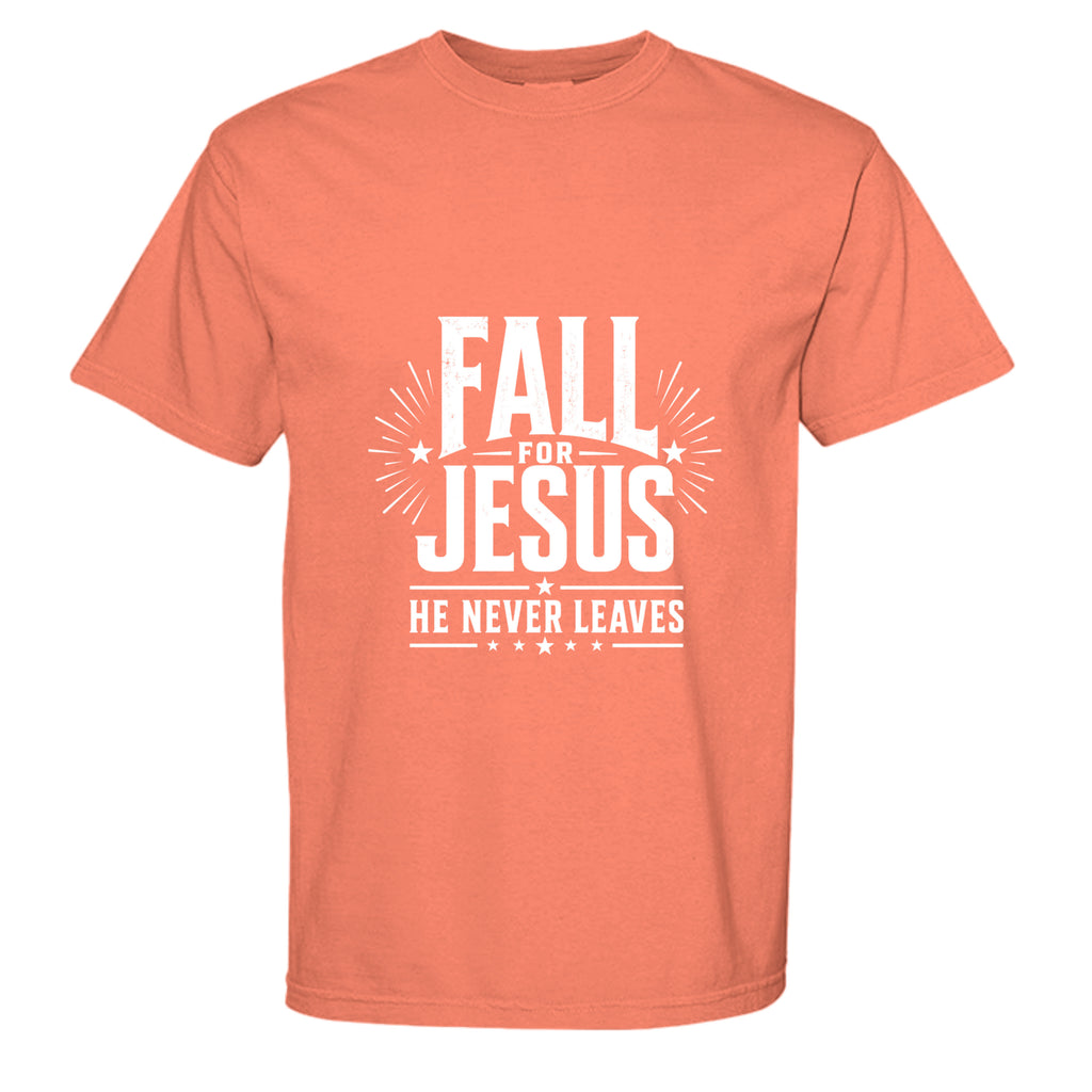 Fall for Jesus He Never Leaves shirt, orange fall tee with bold patriotic christian design