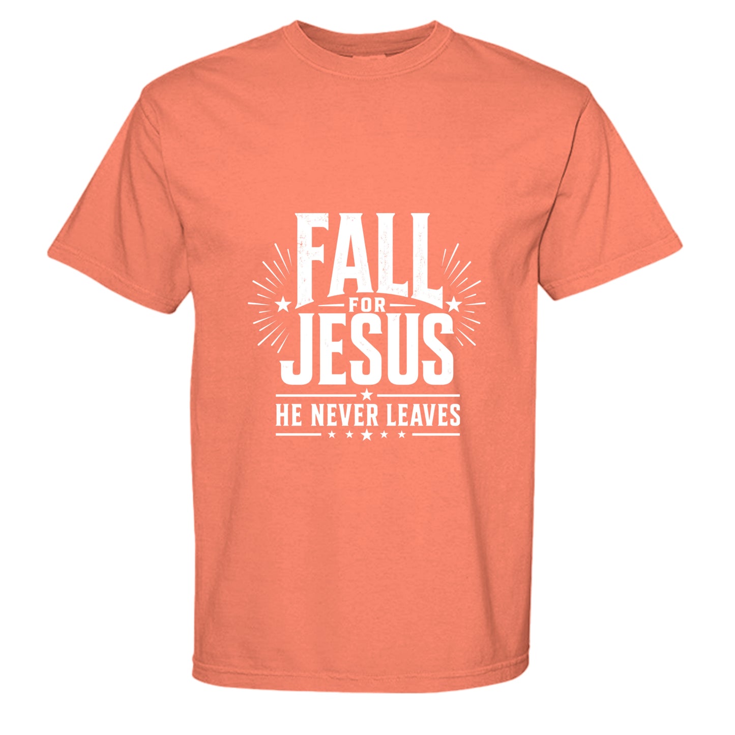 Fall for Jesus He Never Leaves shirt, orange fall tee with bold patriotic christian design