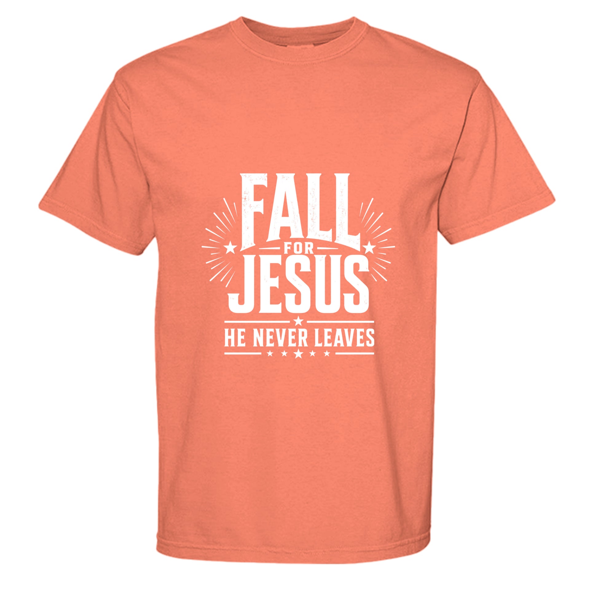 Fall for Jesus He Never Leaves shirt, orange fall tee with bold patriotic christian design