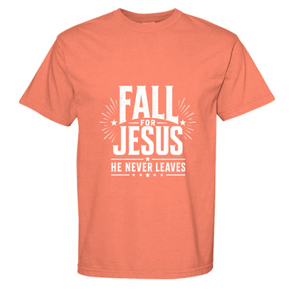Fall for Jesus He Never Leaves shirt, orange fall tee with bold patriotic christian design