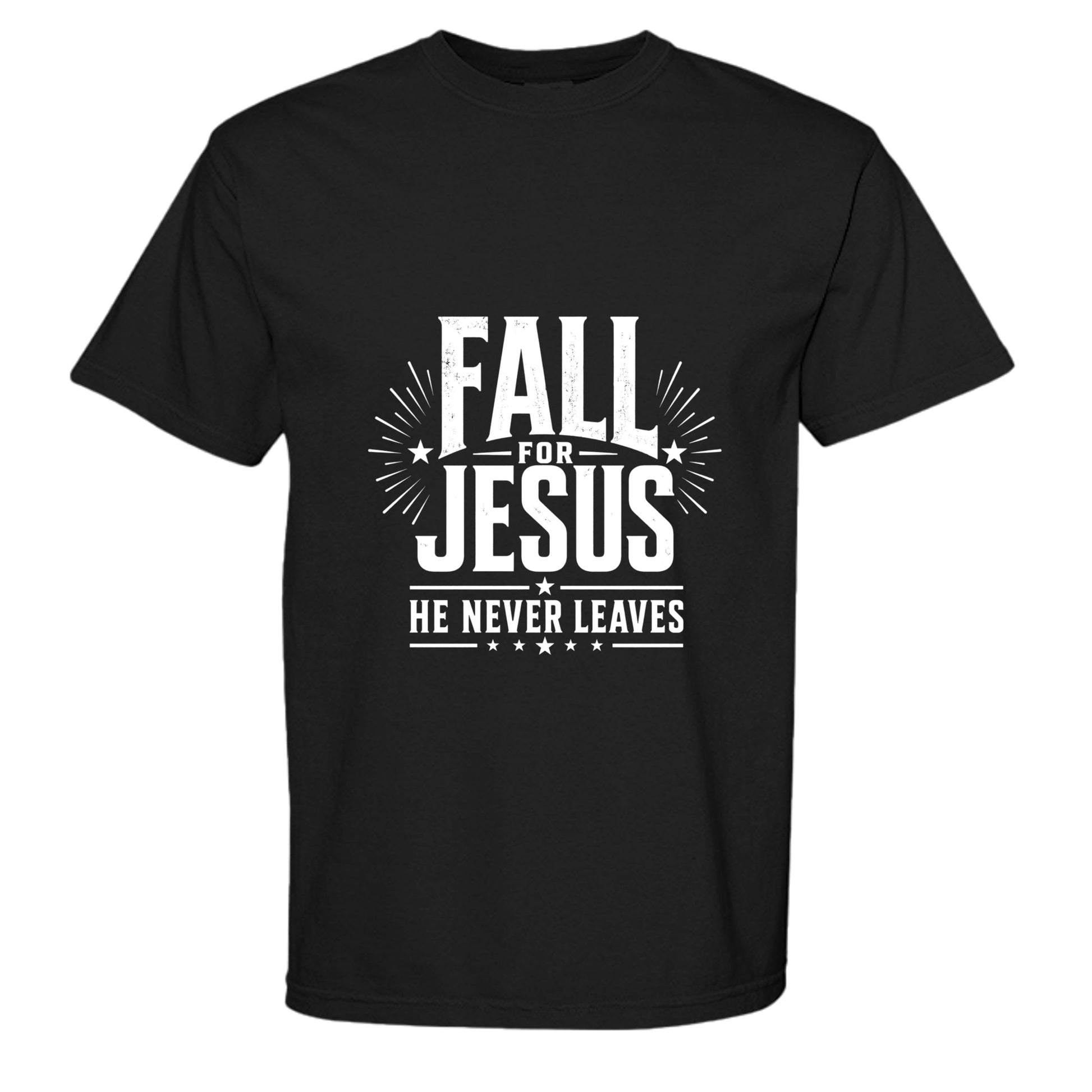Fall for Jesus He Never Leaves shirt, black tee with white patriotic christian typography and stars