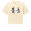 Flaming dice patriotic graphic tee with American flag flame design, boxy fit
