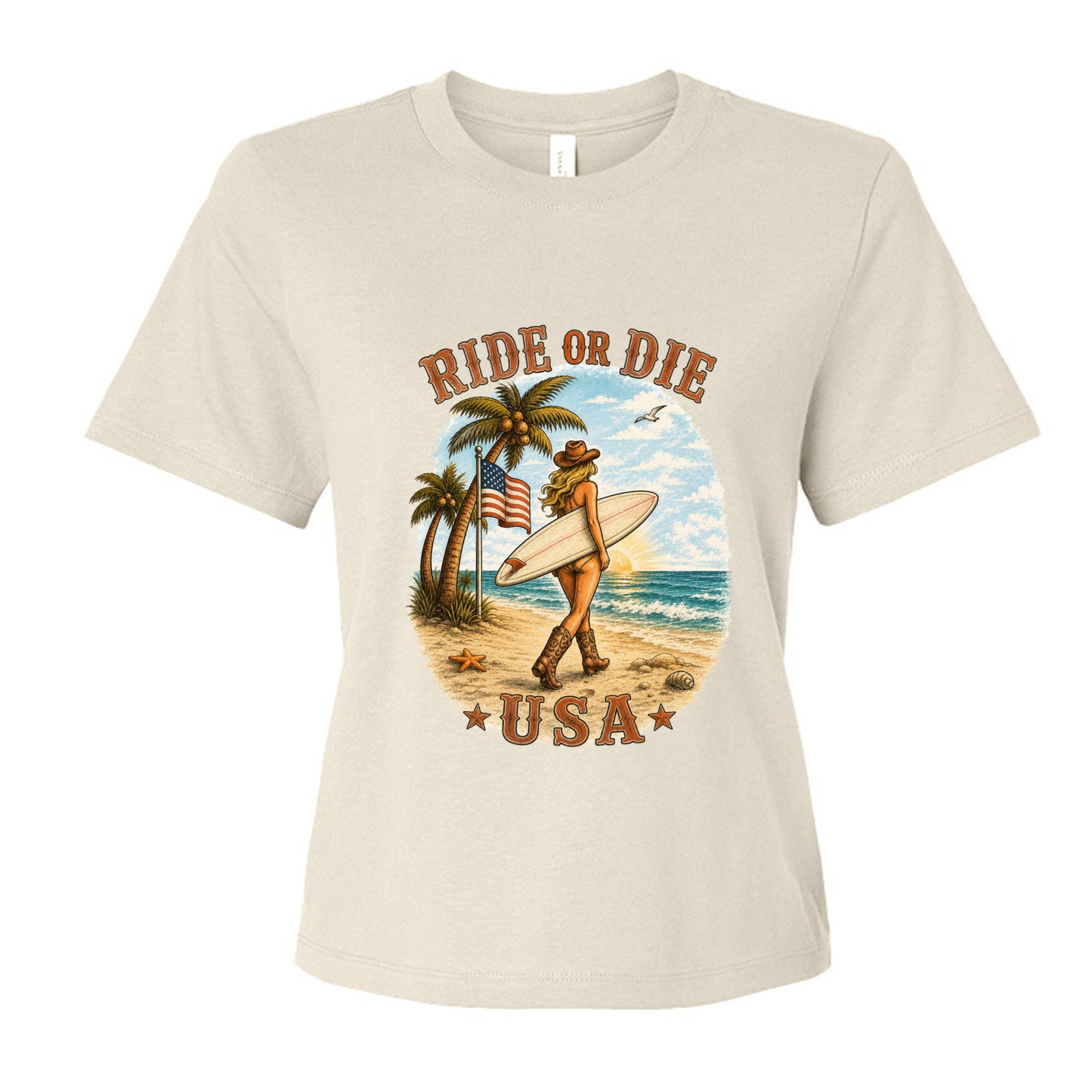  Ride or Die USA coastal cowgirl t-shirt with surfer girl and American flag beach illustration