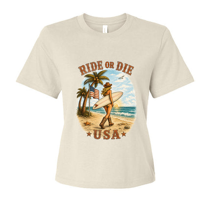  Ride or Die USA coastal cowgirl t-shirt with surfer girl and American flag beach illustration