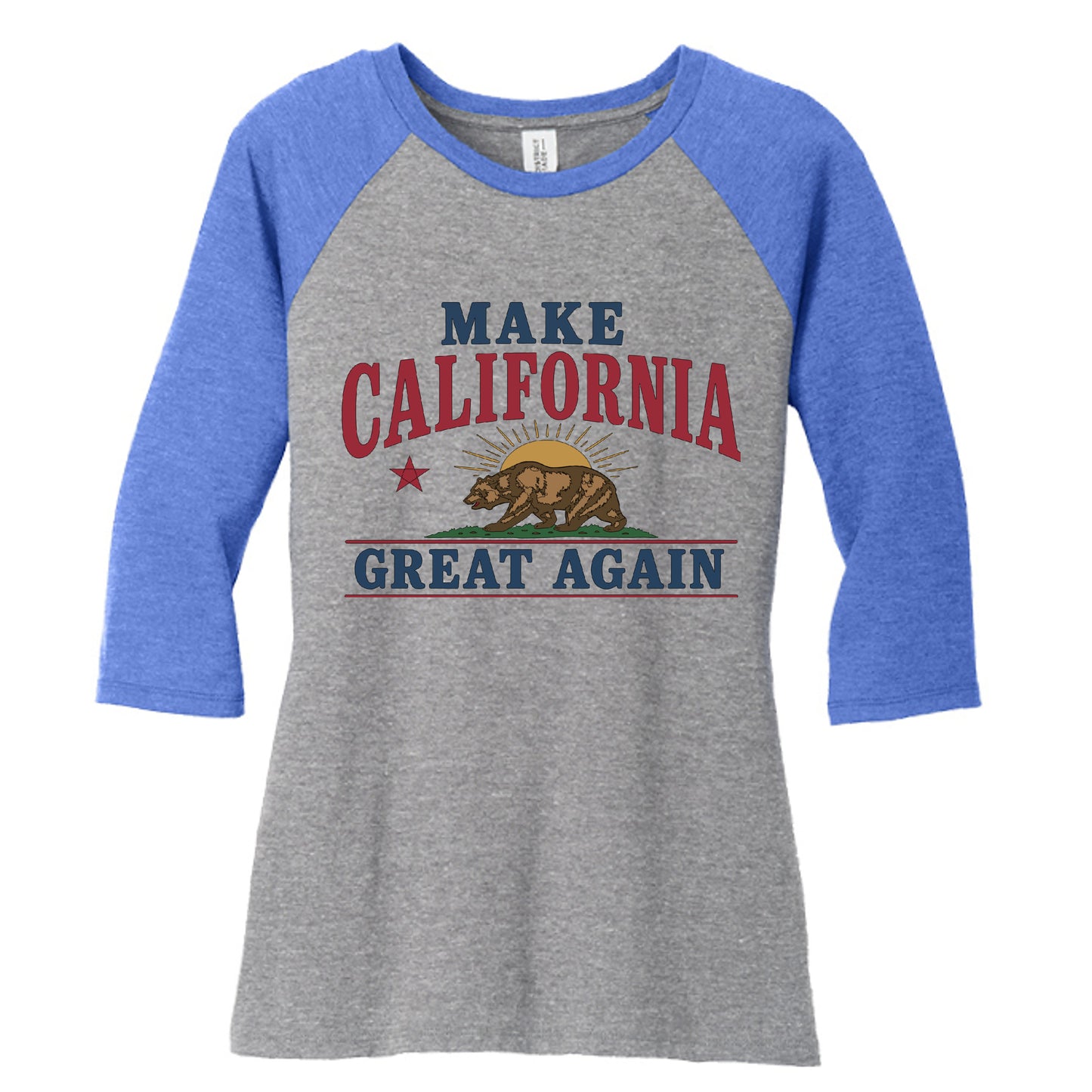 Front: "Make California Great Again women's raglan tee front view with bear flag design"