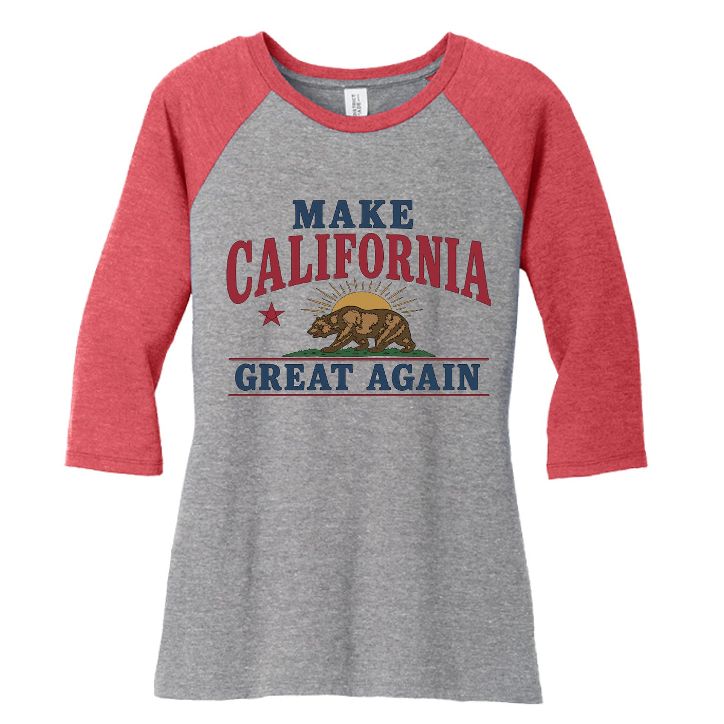 Front: "Make California Great Again women's raglan tee front view with bear flag design"