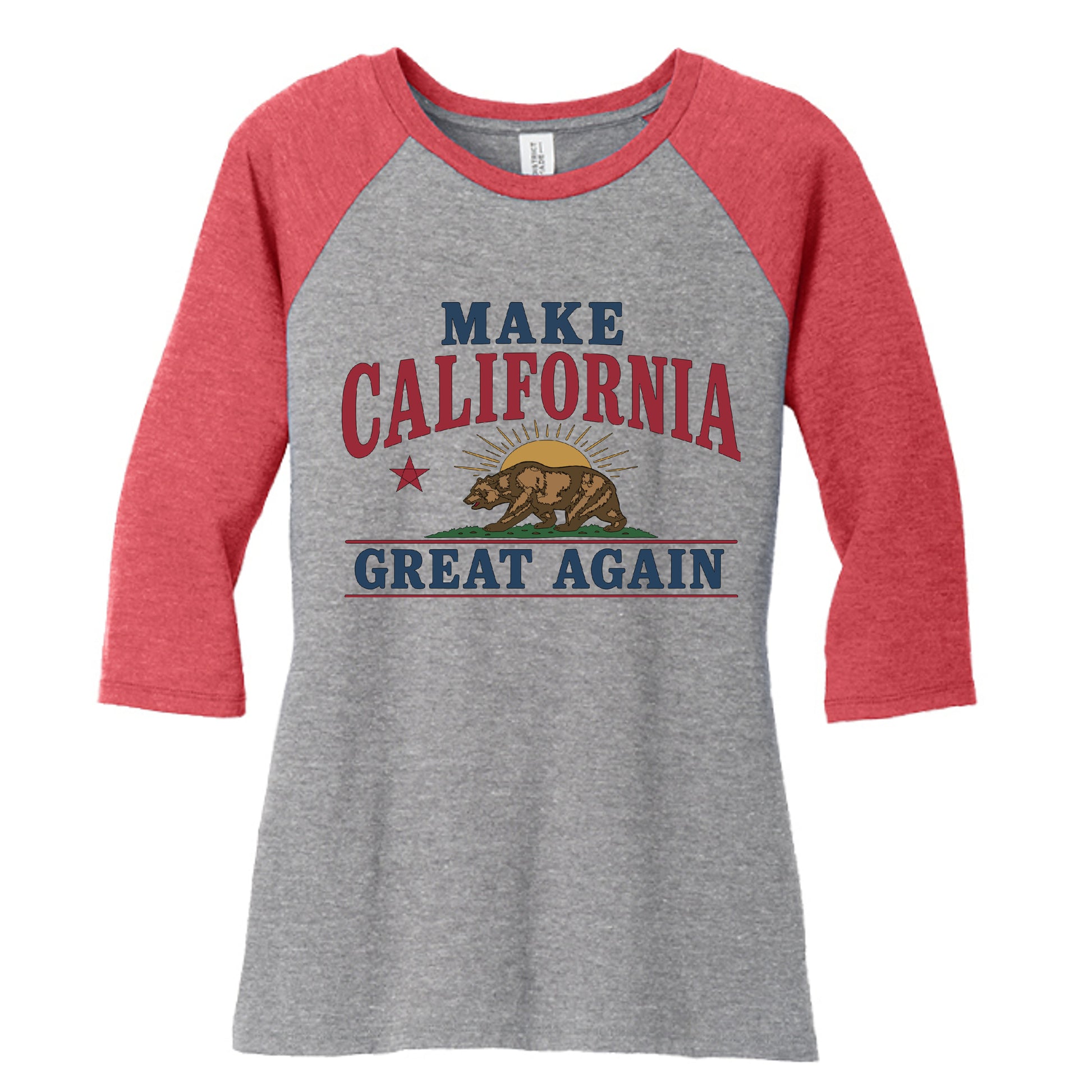Front: "Make California Great Again women's raglan tee front view with bear flag design"