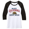 Front: "Make California Great Again women's raglan tee front view with bear flag design"