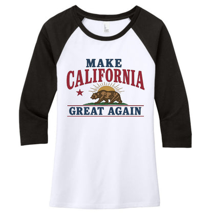 Front: "Make California Great Again women's raglan tee front view with bear flag design"