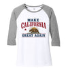 Front: "Make California Great Again women's raglan tee front view with bear flag design"