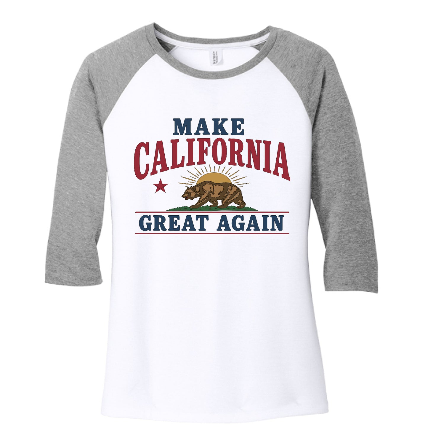 Front: "Make California Great Again women's raglan tee front view with bear flag design"