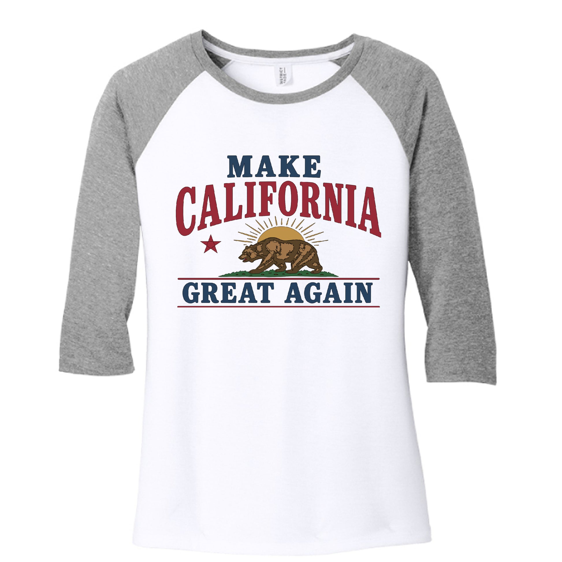 Front: "Make California Great Again women's raglan tee front view with bear flag design"