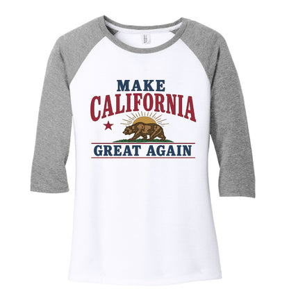 Front: "Make California Great Again women's raglan tee front view with bear flag design"
