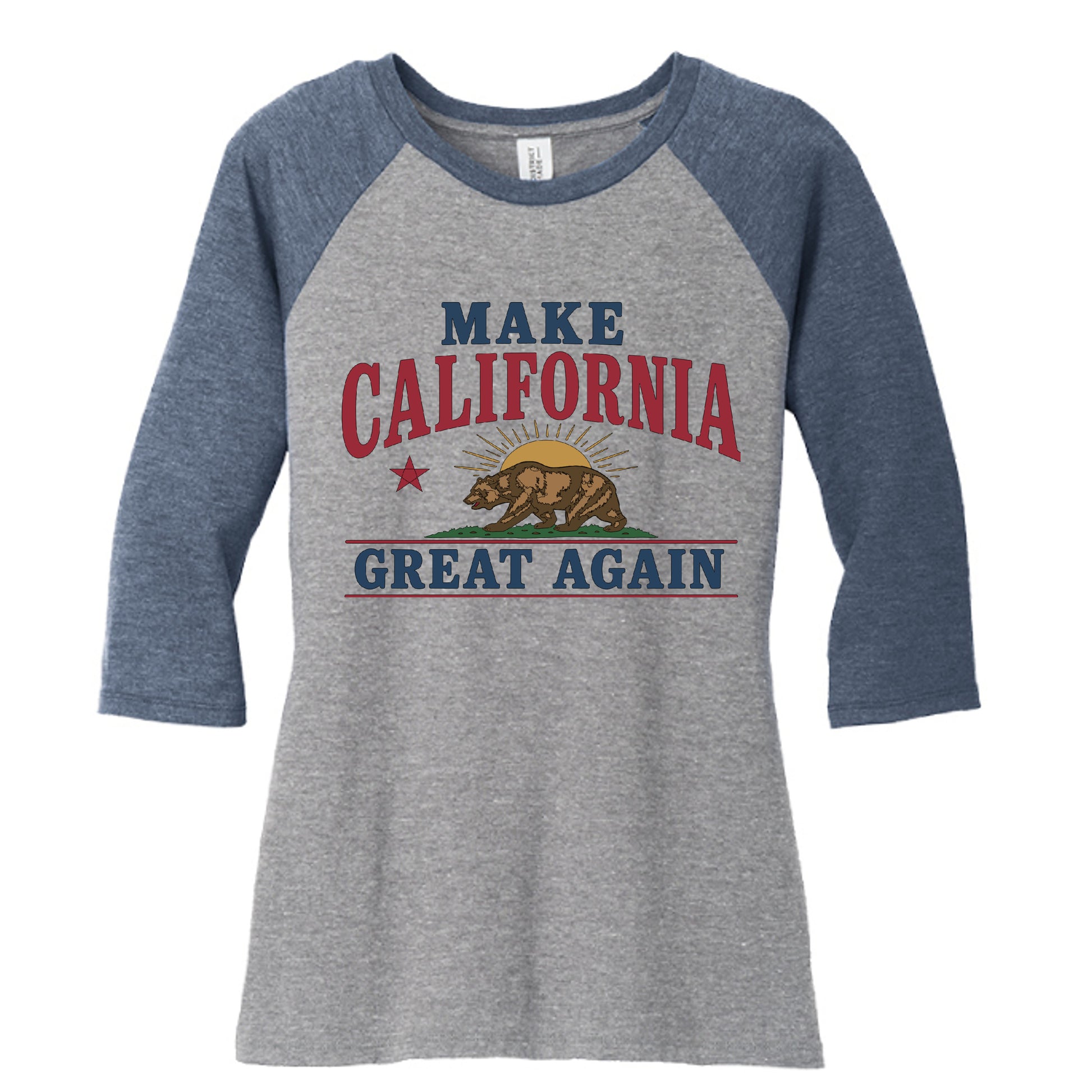 Front: "Make California Great Again women's raglan tee front view with bear flag design"