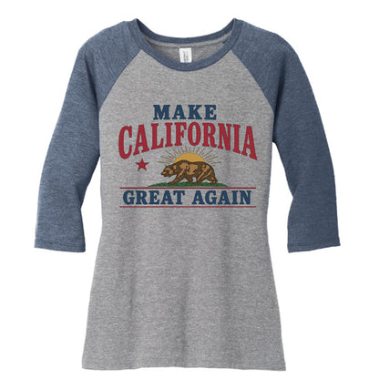 Front: "Make California Great Again women's raglan tee front view with bear flag design"