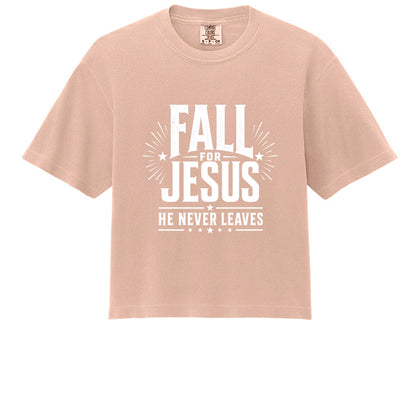 Peachy Fall for Jesus He Never Leaves women's boxy tee, comfort colors garment dyed shirt