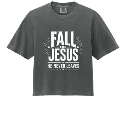 Fall for Jesus He Never Leaves women's boxy tee, comfort colors garment dyed shirt