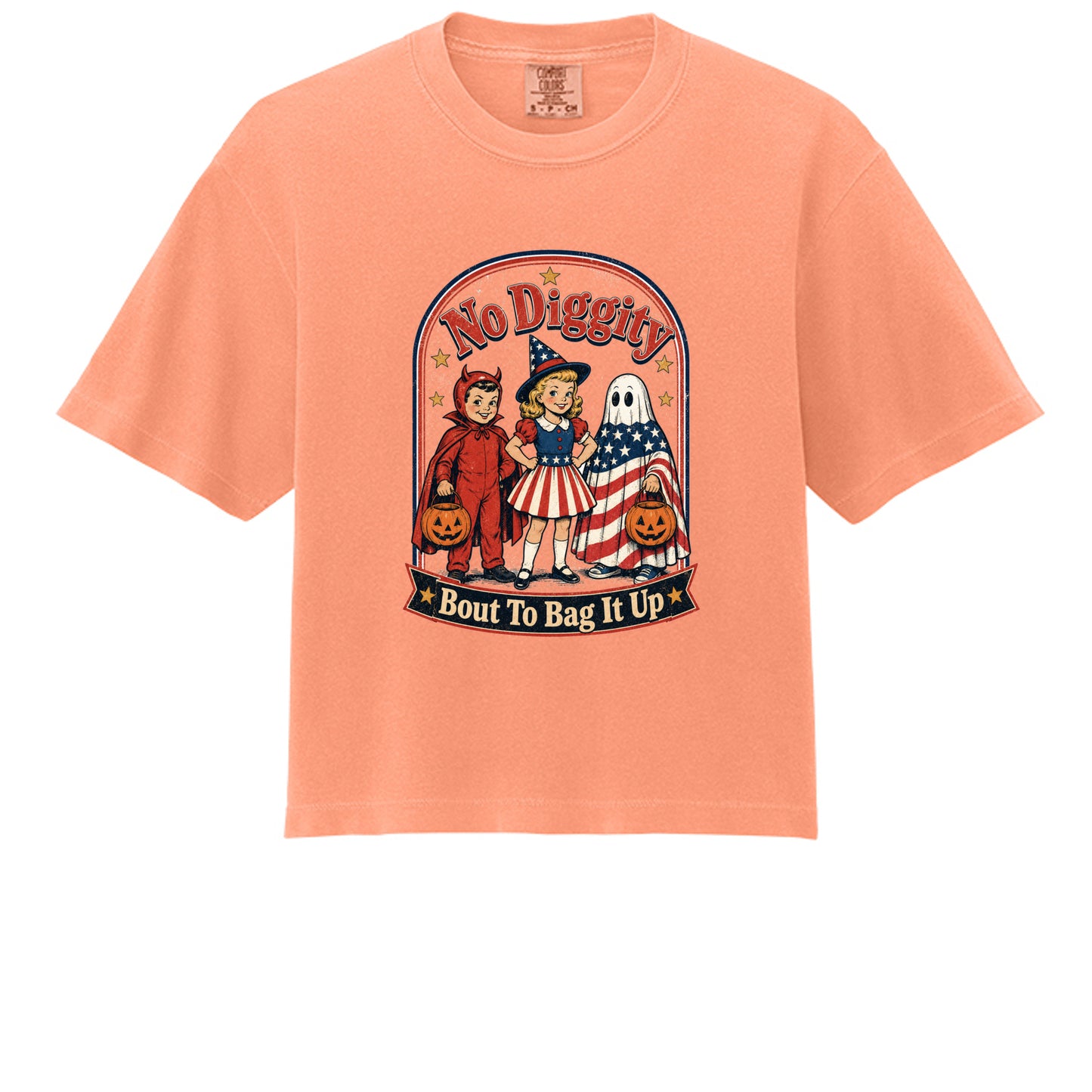 Neon Cantaloupe - Vintage-style Halloween tee with a patriotic twist. Soft Comfort Colors 3023CL shirt featuring retro trick-or-treaters. Shop now!