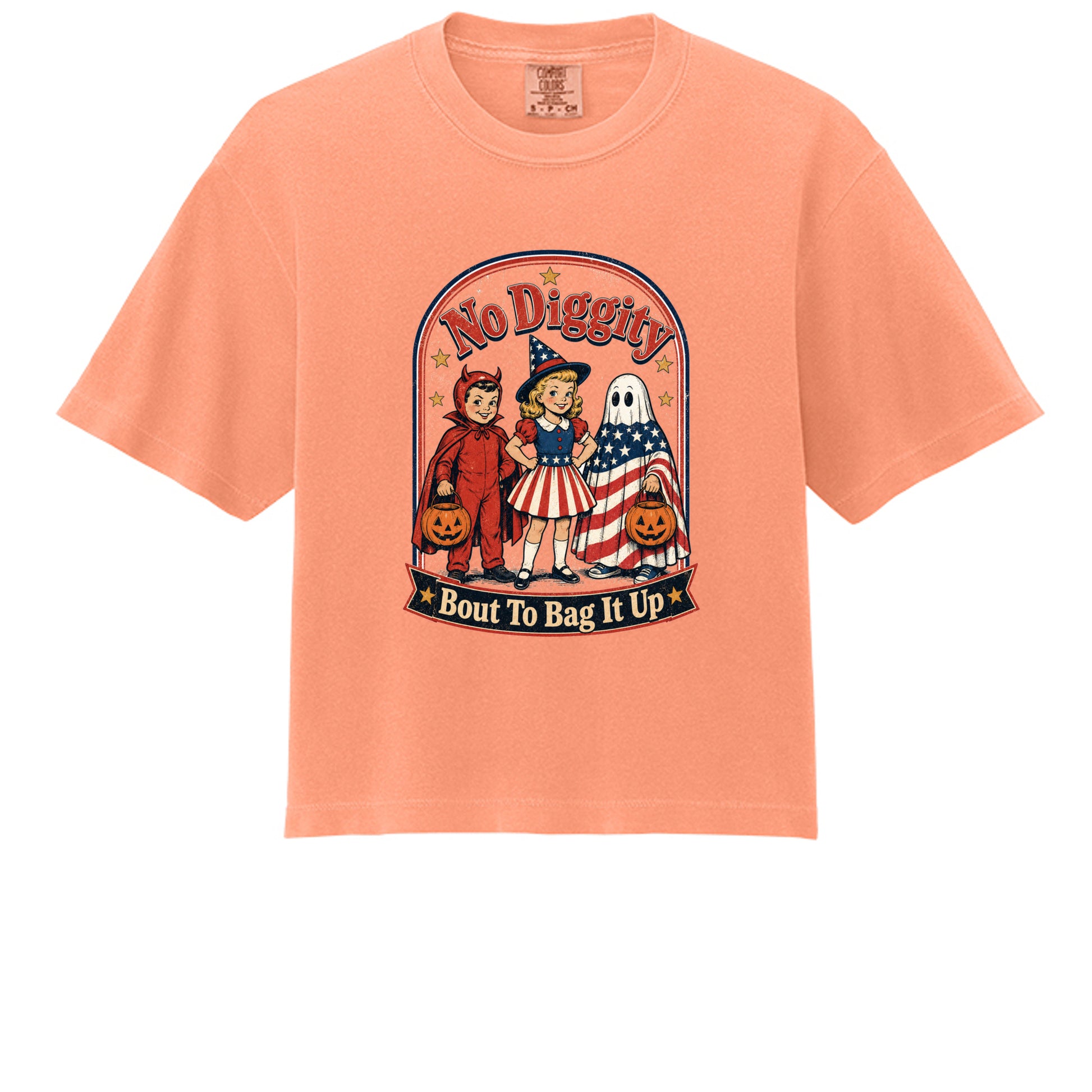 Neon Cantaloupe - Vintage-style Halloween tee with a patriotic twist. Soft Comfort Colors 3023CL shirt featuring retro trick-or-treaters. Shop now!