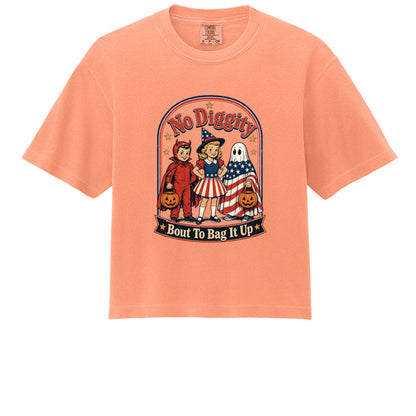 Neon Cantaloupe - Vintage-style Halloween tee with a patriotic twist. Soft Comfort Colors 3023CL shirt featuring retro trick-or-treaters. Shop now!